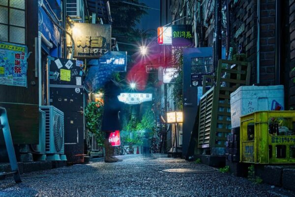 A street with many lights and buildings