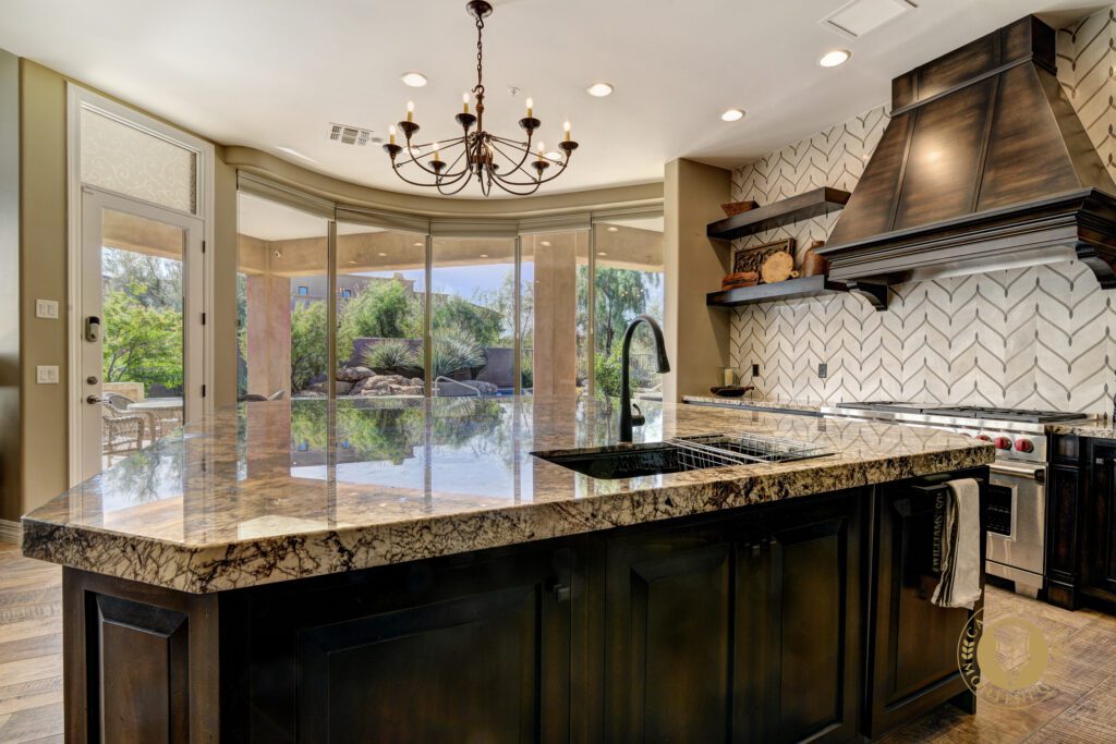 A kitchen with a sink and a window